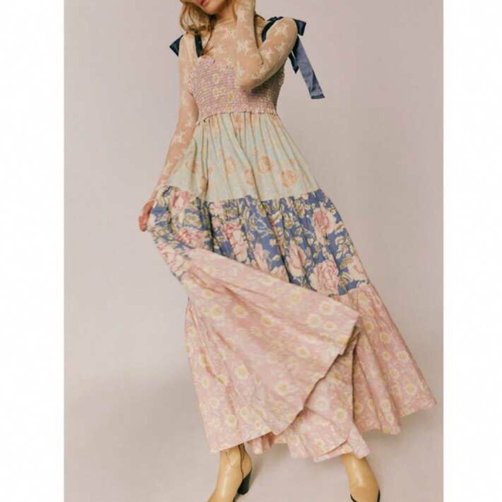 Patchwork maxi dress floral print pink multicolor rose flower